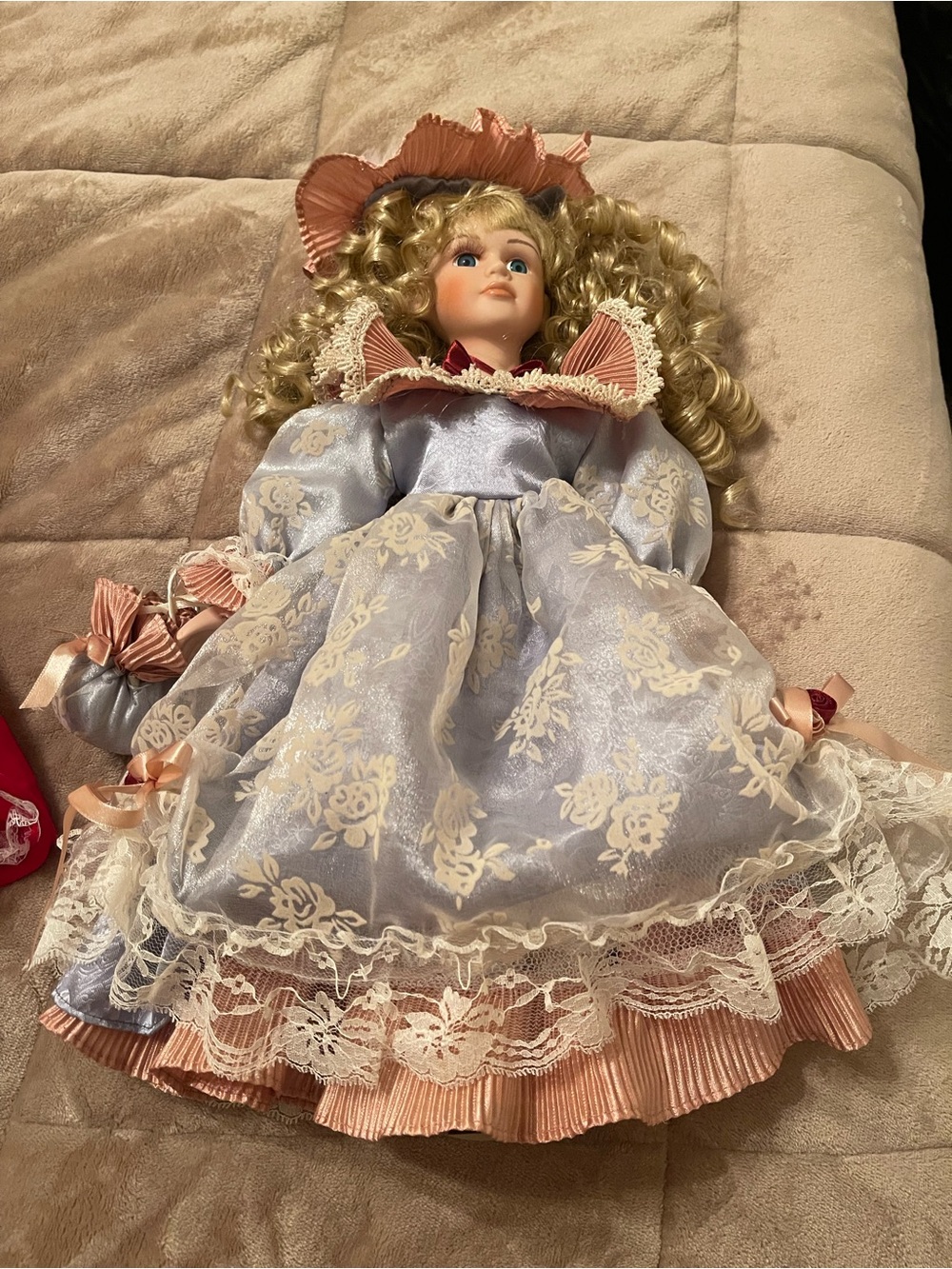Porcelain Collector Doll in Blue Lace Dress with Pink Accents